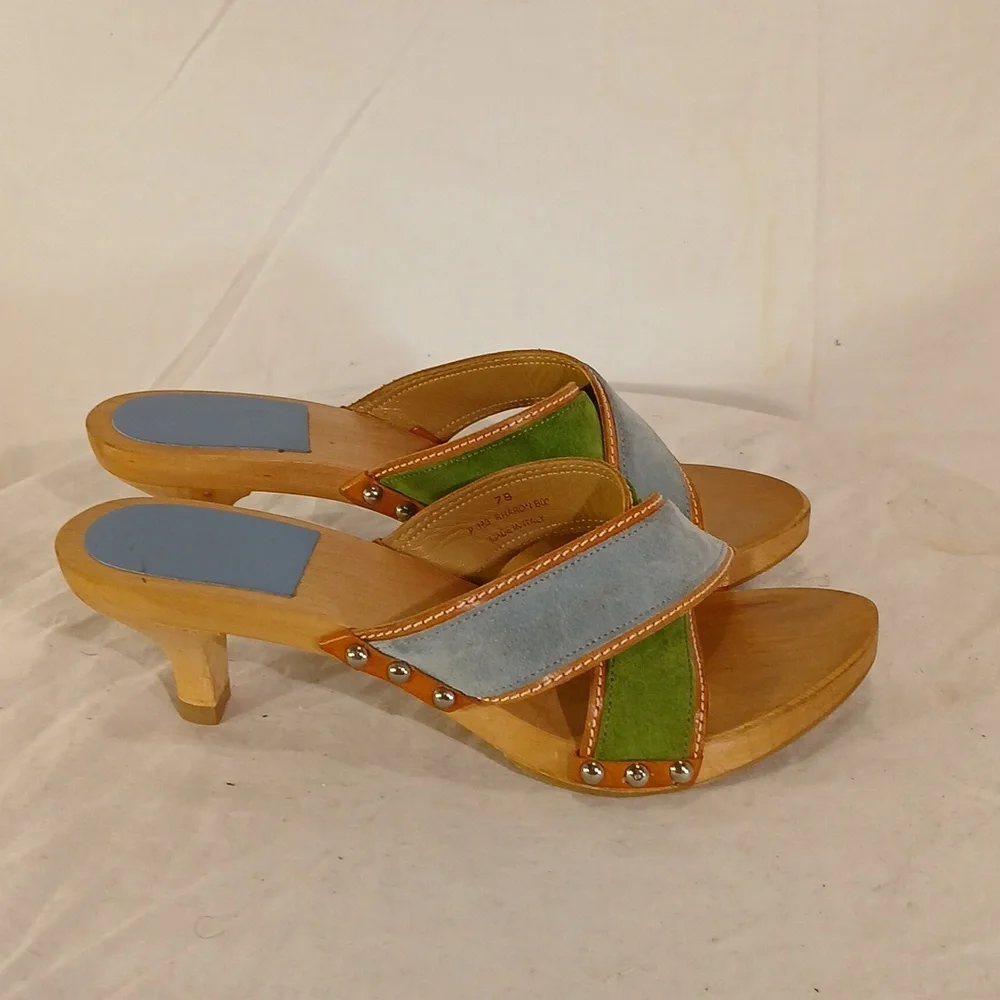 Stunning Coach Blue & Green Seude Wood Studded Mule/Sandal - Picture 5 of 16